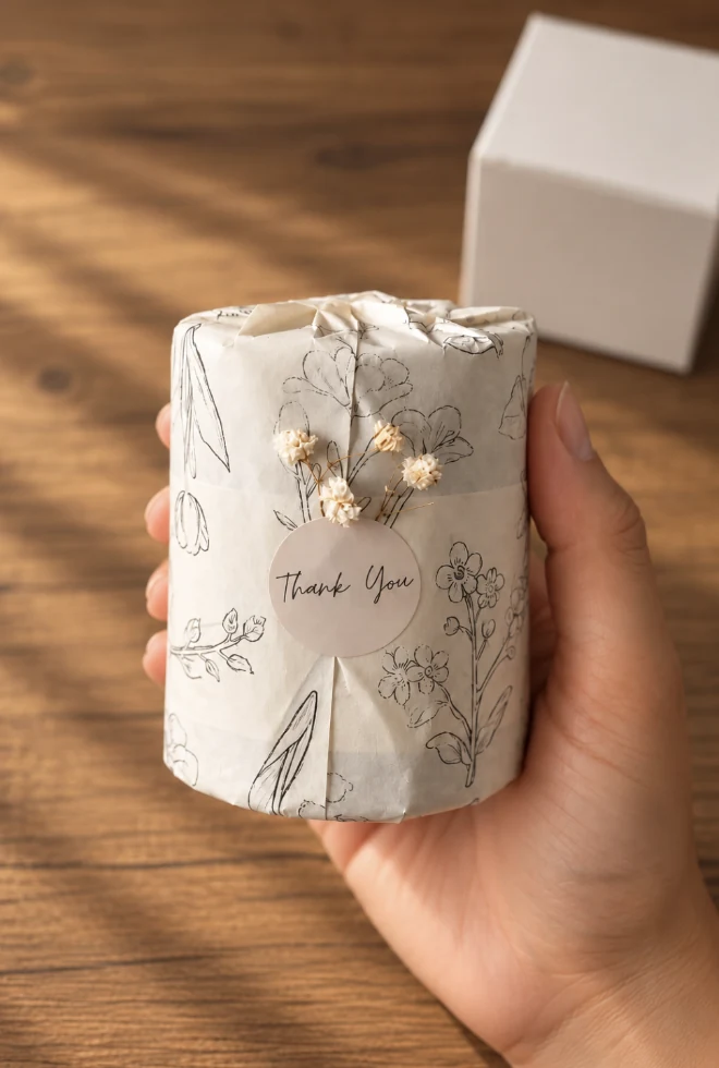 MYSA candle held in hand, wrapped in botanical tissue with a Thank You seal and dried flowers